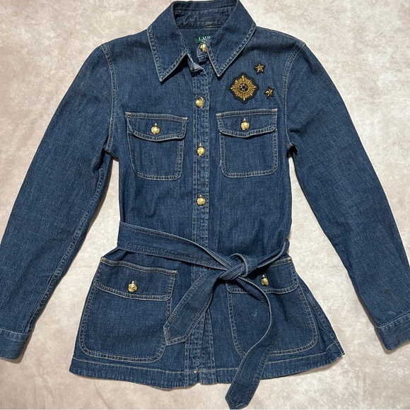 Lauren Ralph Lauren Dark Blue Wash Belted Denim Jacket Embroidered Patches 2 - Picture 2 of 9